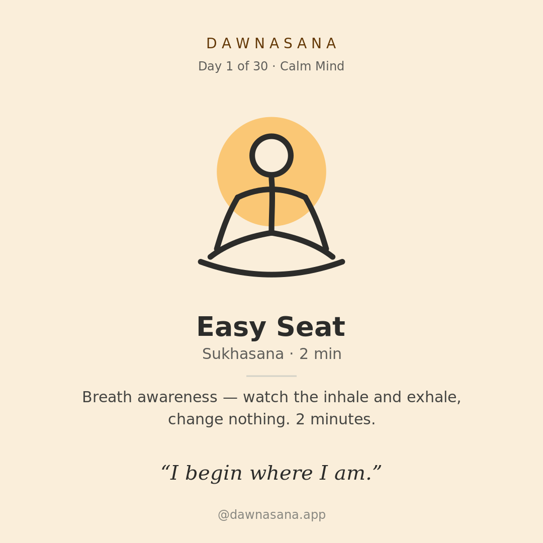 Day 1 card: Easy Seat, Sukhasana — breath awareness and the intention 'I begin where I am'